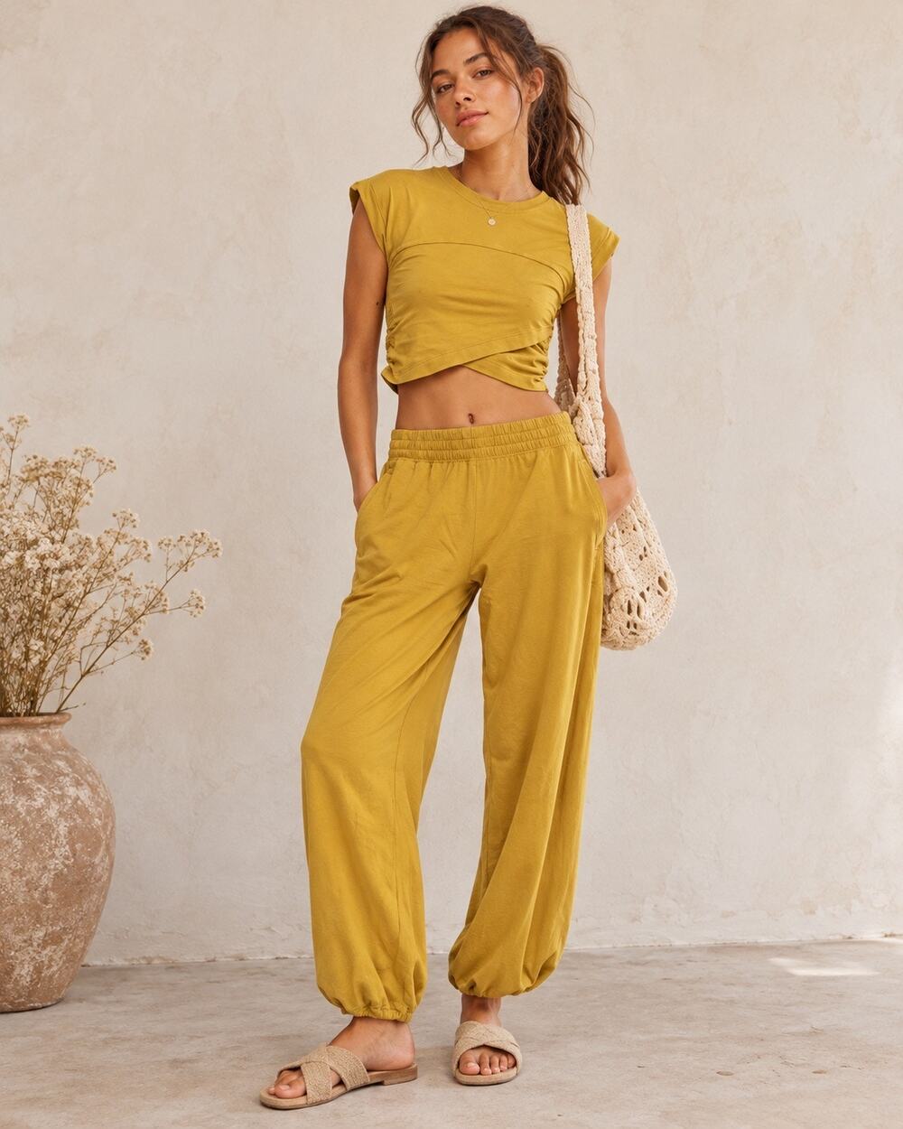 Free People Dried Palm 2-Piece Crop Top & Jogger Set M NWT $98